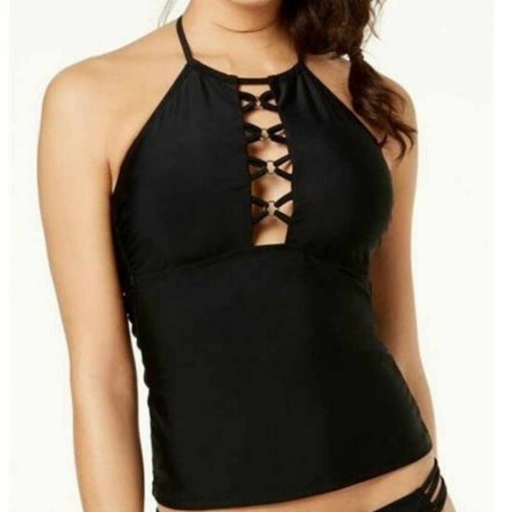 Salt + Cove Black Ribbed Criss Crossed Ring Front Tankini Top